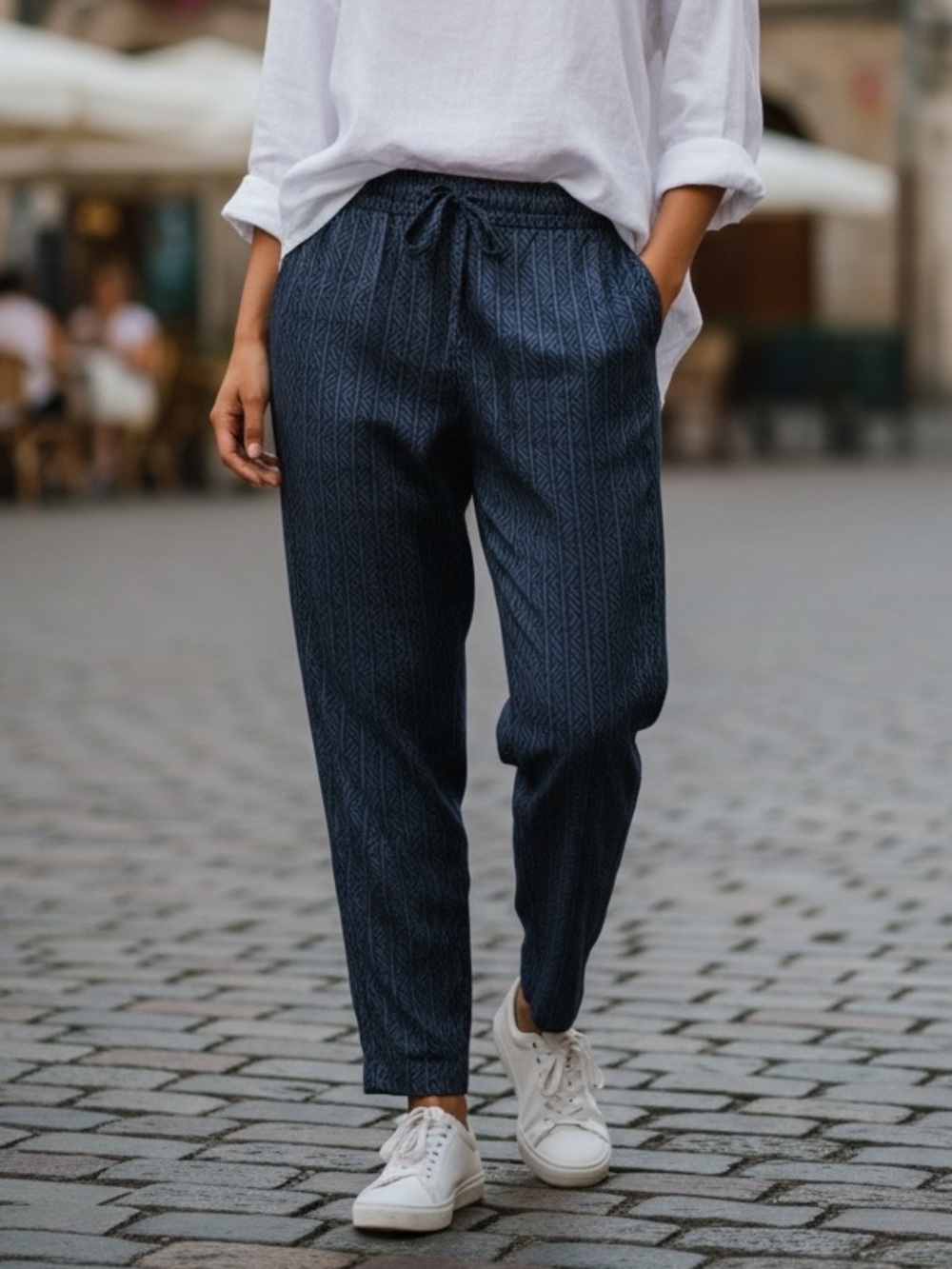 Tucker Navy and Black Geometric Silk Joggers retro tribal artsy luxury